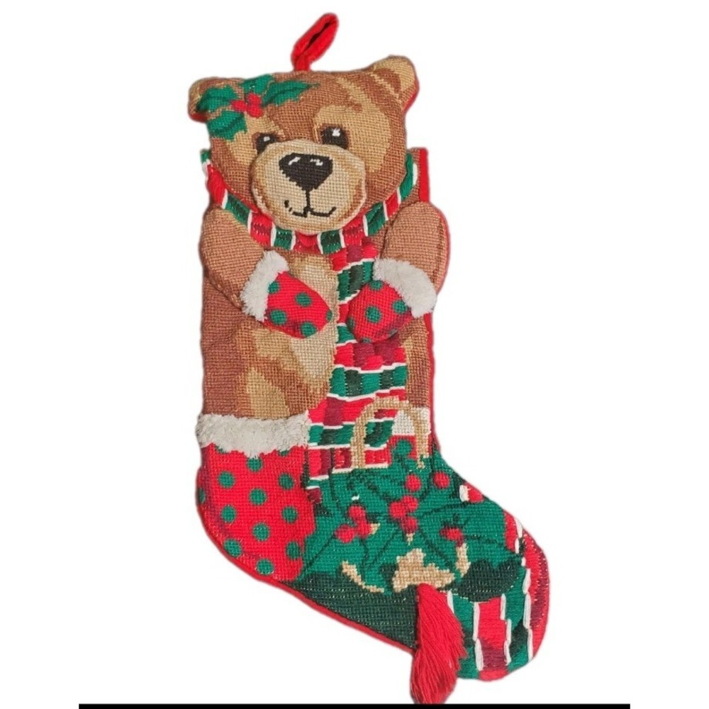 Vintage Needlepoint Teddy Bear 3D Christmas Stocking 18" Red Velvet Back